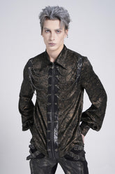 Black Lapel Collar Long Puff Sleeves Faux Leather Stitching Men's Gothic Blouse with Chain